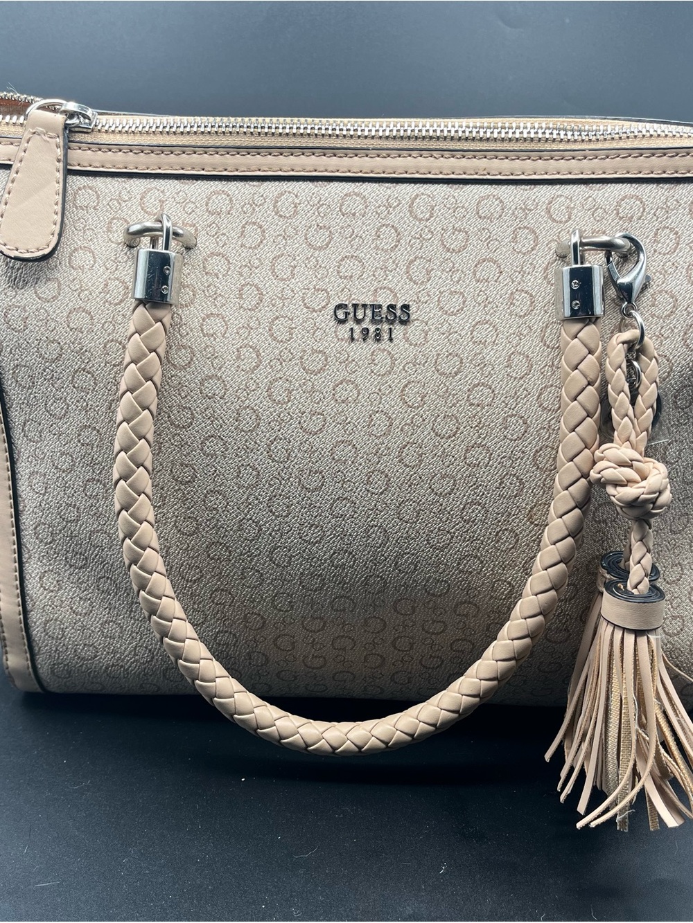 GUESS Beige Logo Satchel with Braided Handles and Tassel - Picture 3 of 11